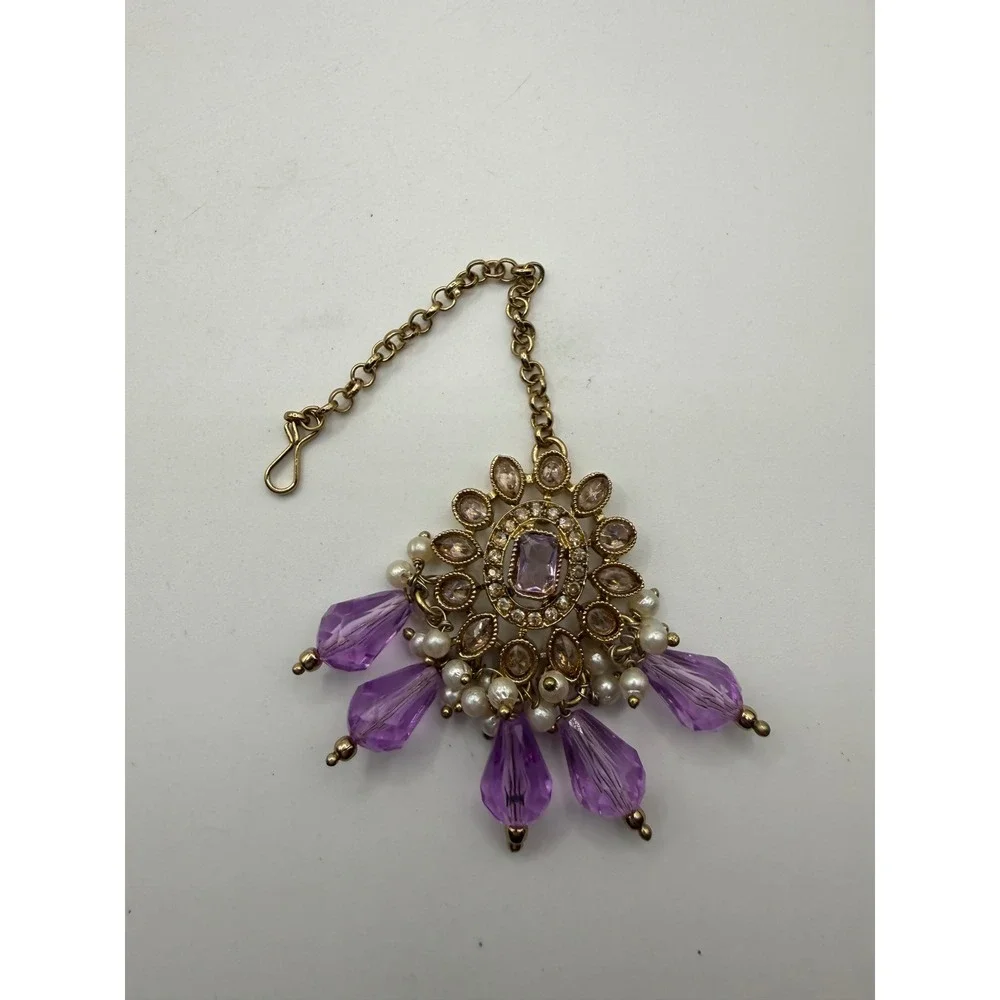 Gold Tone‎ Purple Maang Tikka Indian Hair Jewelry Rhinestone Pearl Headpiece
